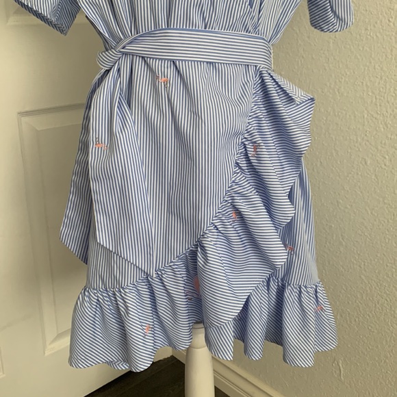Blue and white striped Flamingo embroidered print wrap dress with ruffle bottom - Picture 6 of 12